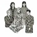 four people in sheer clothes with patterns tattoo design idea