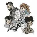 four people in sheer clothes with patterns tattoo design idea
