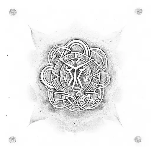 African religious symbols intertwined with biological elements in a dotwork style tattoo design idea