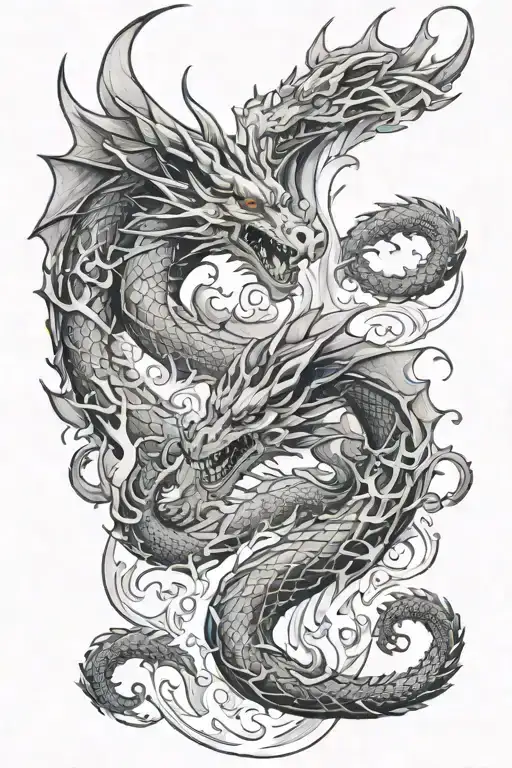2 fighting dragons surrounded by fire and flames tattoo design idea