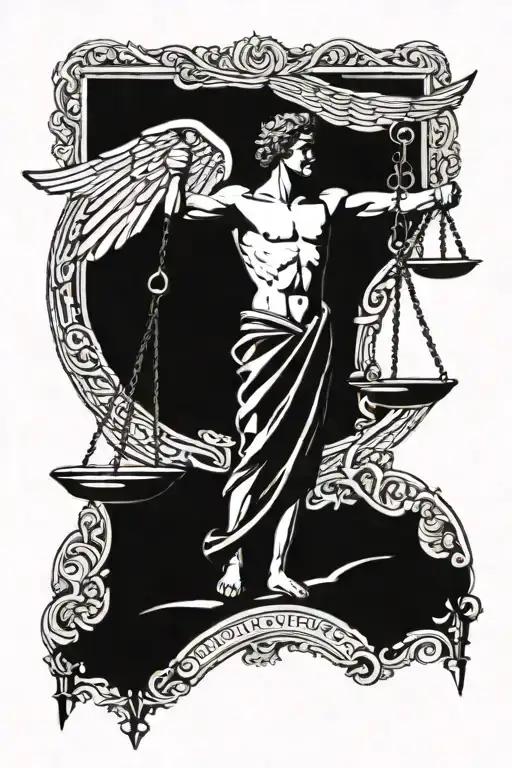 An accountant balancing the scales of justice with Greek symbols in the background tattoo design idea