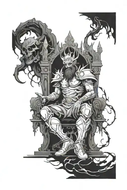 A gamer sitting on a throne in a dark underworld inspired by Hades tattoo design idea