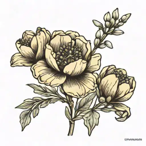 thin, minimalist tattoo combine mountain laurel flower with california poppy flower tattoo design idea