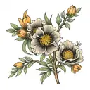 thin, minimalist tattoo combine mountain laurel flower with california poppy flower tattoo design idea