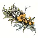 thin, minimalist tattoo combine mountain laurel flower with california poppy flower tattoo design idea