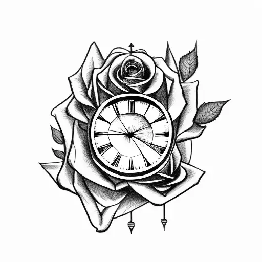 roses with broken clock  tattoo design idea