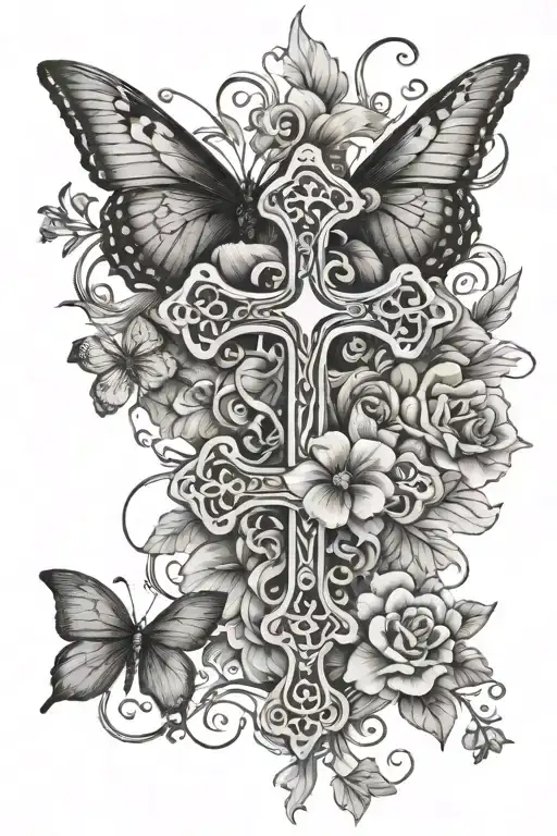 dainty cross intertwined with flowers, vines, and 2 butterflies  tattoo design idea