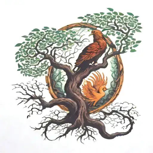 tree of life and phoenix emerging tattoo design idea