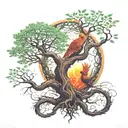 tree of life and phoenix emerging tattoo design idea