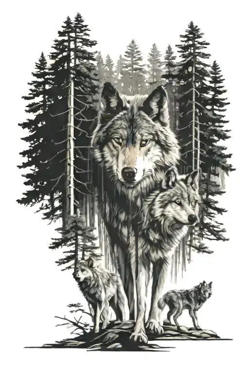 a wolf walking away from his two children in the pine forest tattoo design idea