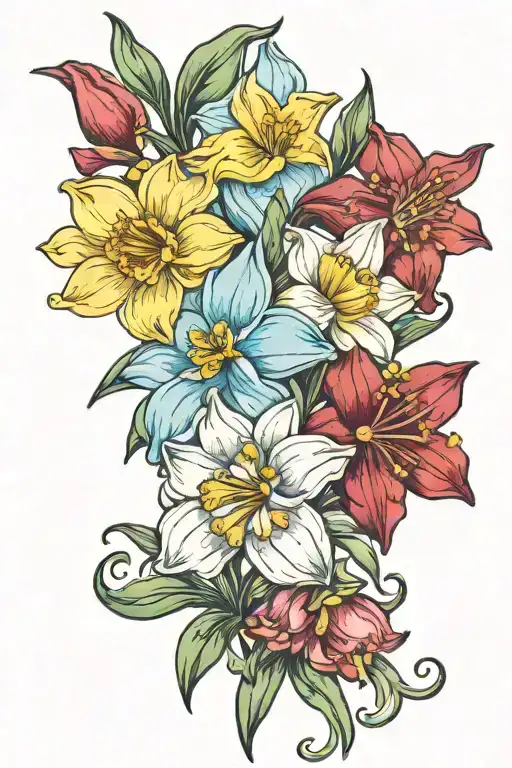 Aquamarine Daffodil, ruby larkspur and white daisy intertwined  tattoo design idea