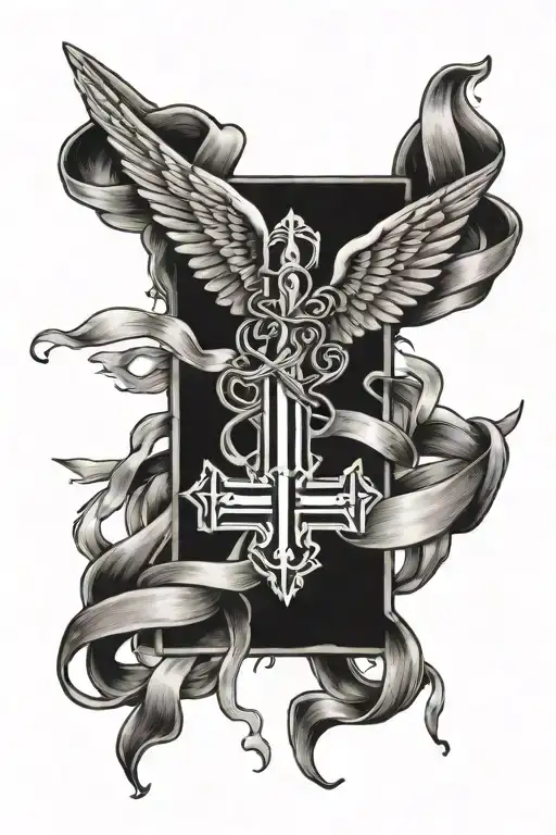winged cross with suicide awareness ribbon  tattoo design idea