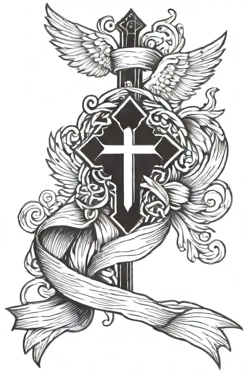 winged cross with ribbon  tattoo design idea