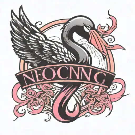 Black Flamingo Outline with pink Breast Cancer ribbon around its neck, underneath the date 10/26/2016 in roman numerals tattoo design idea