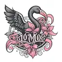 Black Flamingo Outline with pink Breast Cancer ribbon around its neck, underneath the date 10/26/2016 in roman numerals tattoo design idea