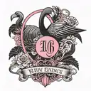 Black Flamingo Outline with pink Breast Cancer ribbon around its neck, underneath the date 10/26/2016 in roman numerals tattoo design idea