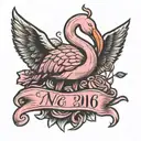 Black Flamingo Outline with pink Breast Cancer ribbon around its neck, underneath the date 10/26/2016 in roman numerals tattoo design idea
