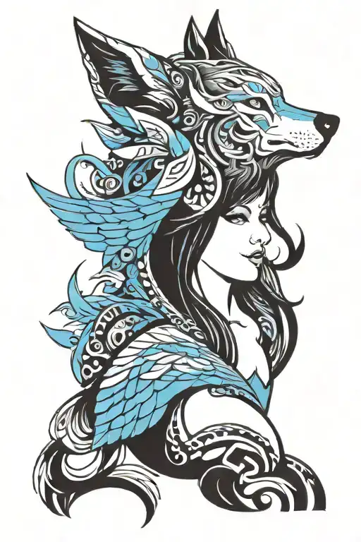 wolf woman blue wings tattoo design idea