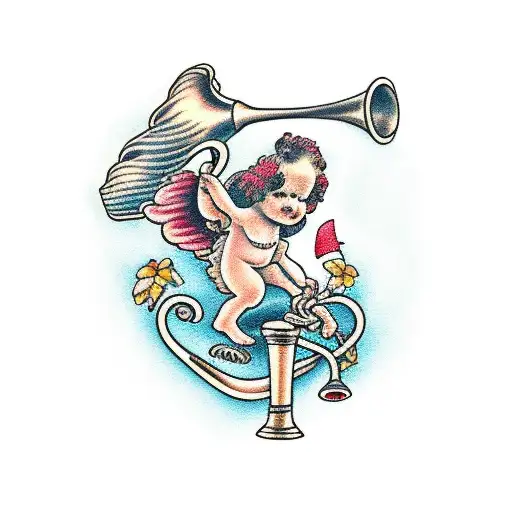 cherub with a trumpet tattoo design idea