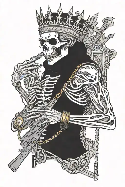 a skeleton king with AK47 in his hands with chains in his neck with gucci clothes and Rolex watch in his left arm  tattoo design idea