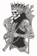 a skeleton king with AK47 in his hands with chains in his neck with gucci clothes and Rolex watch in his left arm  tattoo design idea