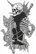 a skeleton king with AK47 in his hands with chains in his neck with gucci clothes and Rolex watch in his left arm  tattoo design idea