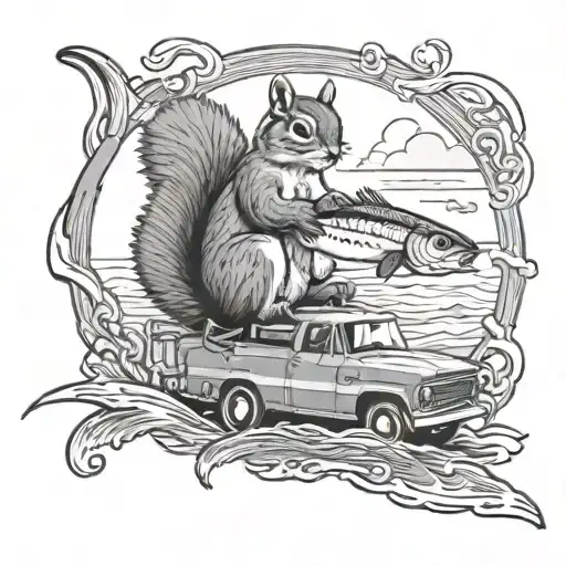 A black and grey tattoo of a detailed fishing scene with a squirrel stealing a fish from the line, set against a backdrop of a square body Chevy truck tattoo design idea