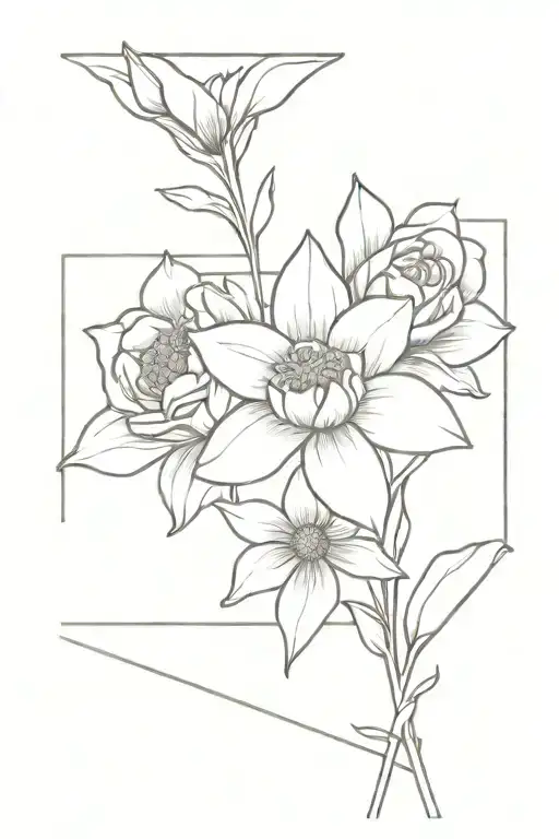 a daffodil, 2 roses, a daisy, and a sunflower intertwined tattoo design idea
