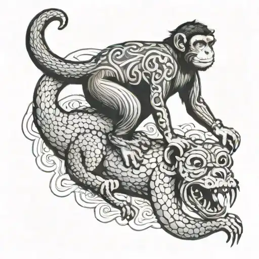 monkey riding a dog with a snake around neck tattoo design idea