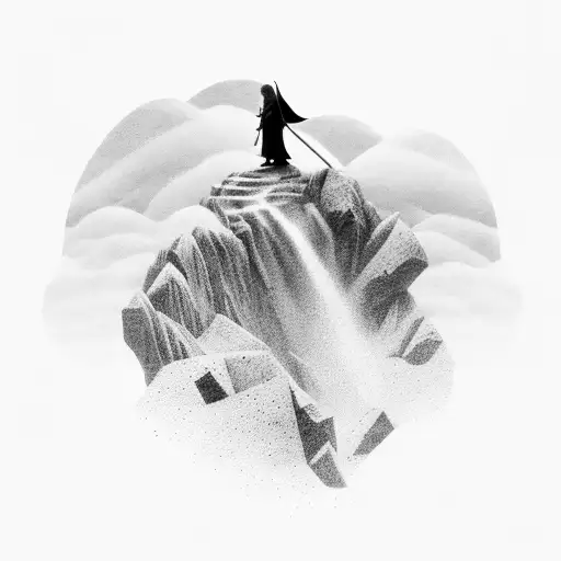 The Fellowship of the Ring silhouette walking across a mountain top in dark misty clouds, high detail render, octane ren tattoo design idea