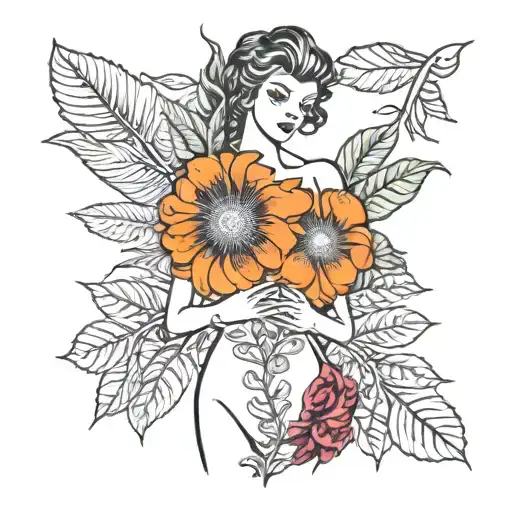 woman body botanical tattoo design idea