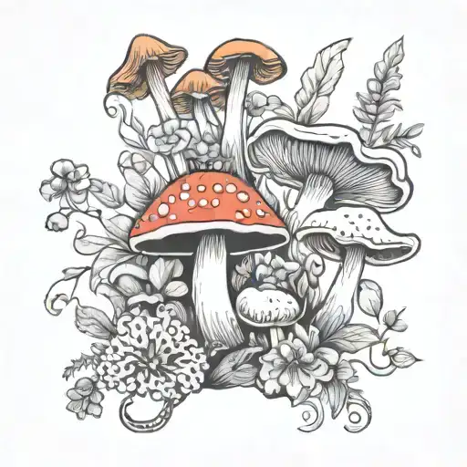 botanical around mushrooms tattoo design idea