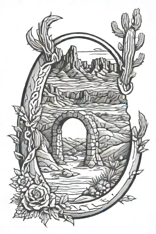 horseshoe with desert scene inside  tattoo design idea