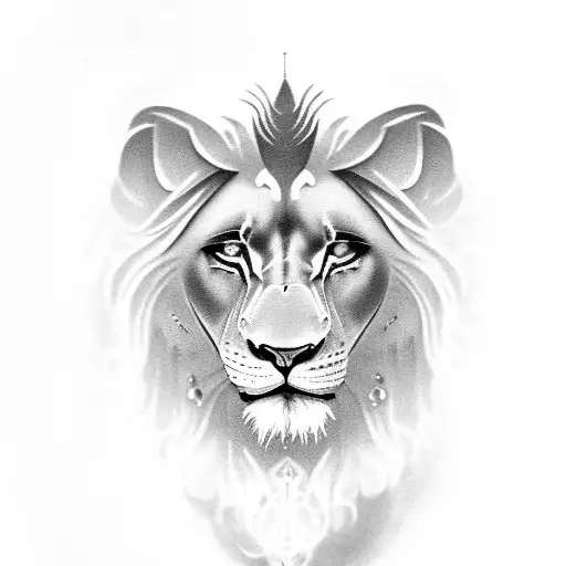 An eerie black-grey lion and a masai with glowing red eyes tattoo design idea