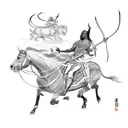 A sketch-style design featuring a Masai warrior riding a mythical creature from Chinese mythology tattoo design idea