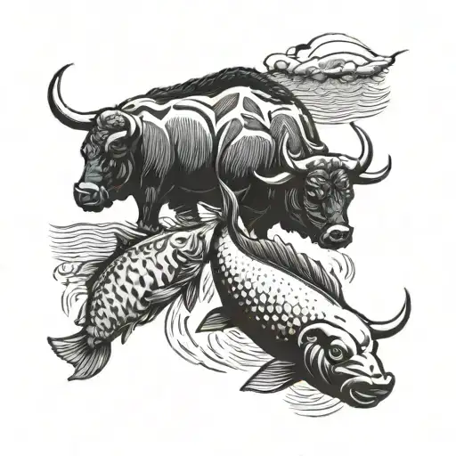 a small bull  and a big bull looking at a fish in a pond tattoo design idea