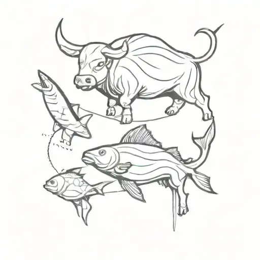 small and big bull and fish tattoo design idea
