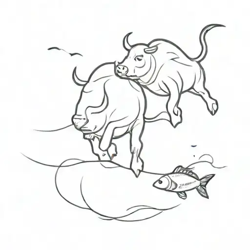 a small and a big bull looking at a fish swimming tattoo design idea