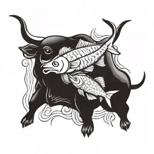 a small bull  and a big bull looking at a fish swimming  tattoo design idea