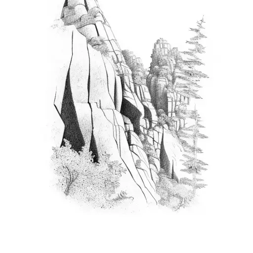 A rock climber scaling a challenging cliff face surrounded by lush greenery tattoo design idea