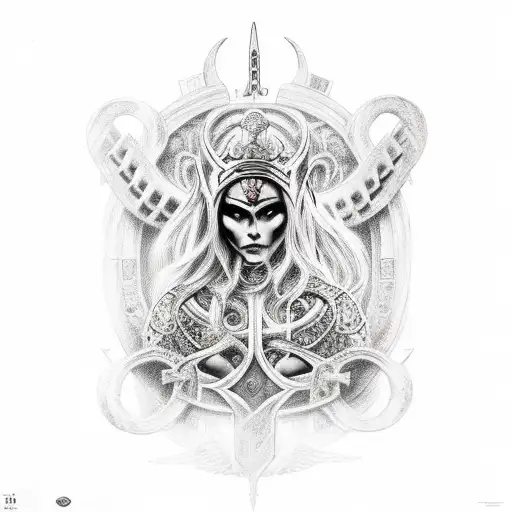 norse goddesses hel sitting on a throne with skulls around it  tattoo design idea
