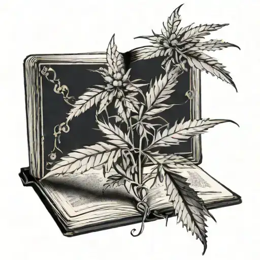 A tattoo design of a cannabis plant growing out of a history book, symbolizing the intersection of art, history, and weed culture tattoo design idea