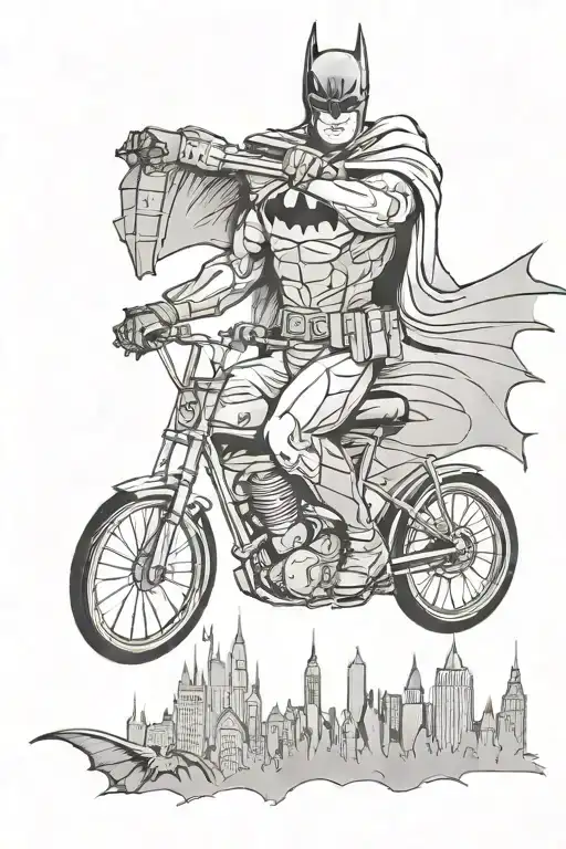 A black and grey tattoo of Batman's silhouette cycling through Gotham City tattoo design idea