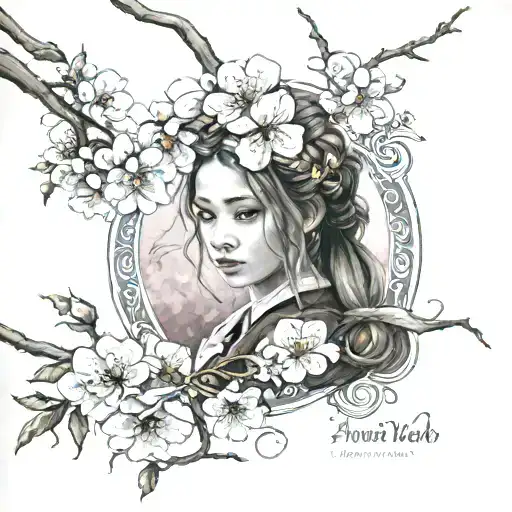 "First name Anna" tangled in Japanese cherry blossoms tattoo design idea