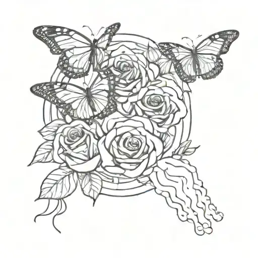 An abstract design of open and closed monarch butterflies surrounding a handprint with bold red roses tattoo design idea