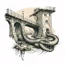 snake's skin  under bridge that is going to fall and wagon is passing tatto sketch tattoo design idea