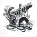 snake's skin  under bridge that is going to fall and wagon is passing tatto sketch tattoo design idea