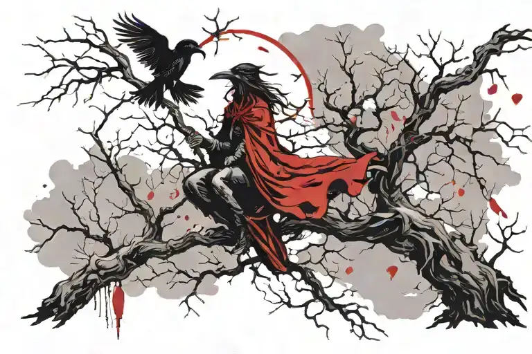 witch casting spells, raven perched, tarot card, old cemetary, dead tree, hecate, fog  tattoo design idea