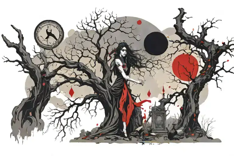 witch casting spells, tarot card, old cemetary, dead tree, hecate, fog  tattoo design idea