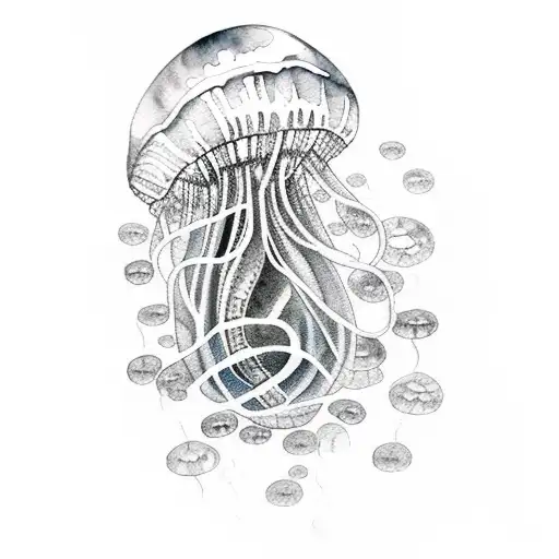 Watercolor jellyfish with a sunken ship in the background tattoo design idea